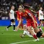 TOPSHOT - Spain's midfielder #06 Aitana Bonmati (C) celebrates after scoring Spain's first goal during the UEFA Women's Euro 2025 semi-final football match between Germany and Spain at the Letzigrund Stadium in Zurich, on July 23, 2025. (Photo by Miguel MEDINA / AFP)