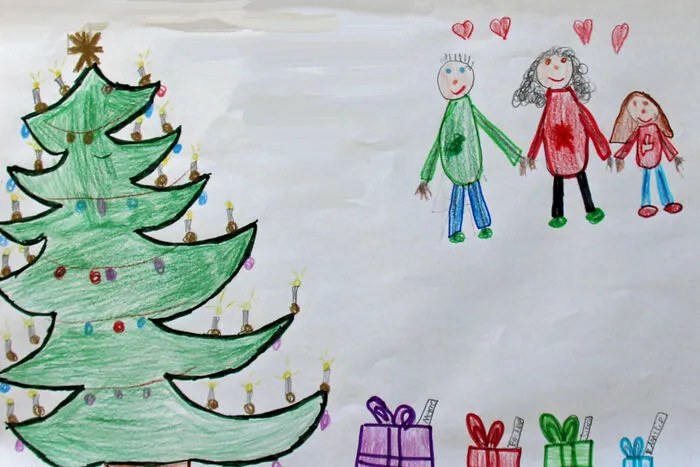 „Ich wünsche mir viel Zeit mit meiner Familie und freue mich auf das Christkind“, sagt Rosanna Jamer (8) aus Schwabegg/Žvabek, sie hat das Weihnachtsfest mit ihrer Familie gezeichnet. Sie wünscht sich ein Spiel, Süßigkeiten und ein schönes Buch.