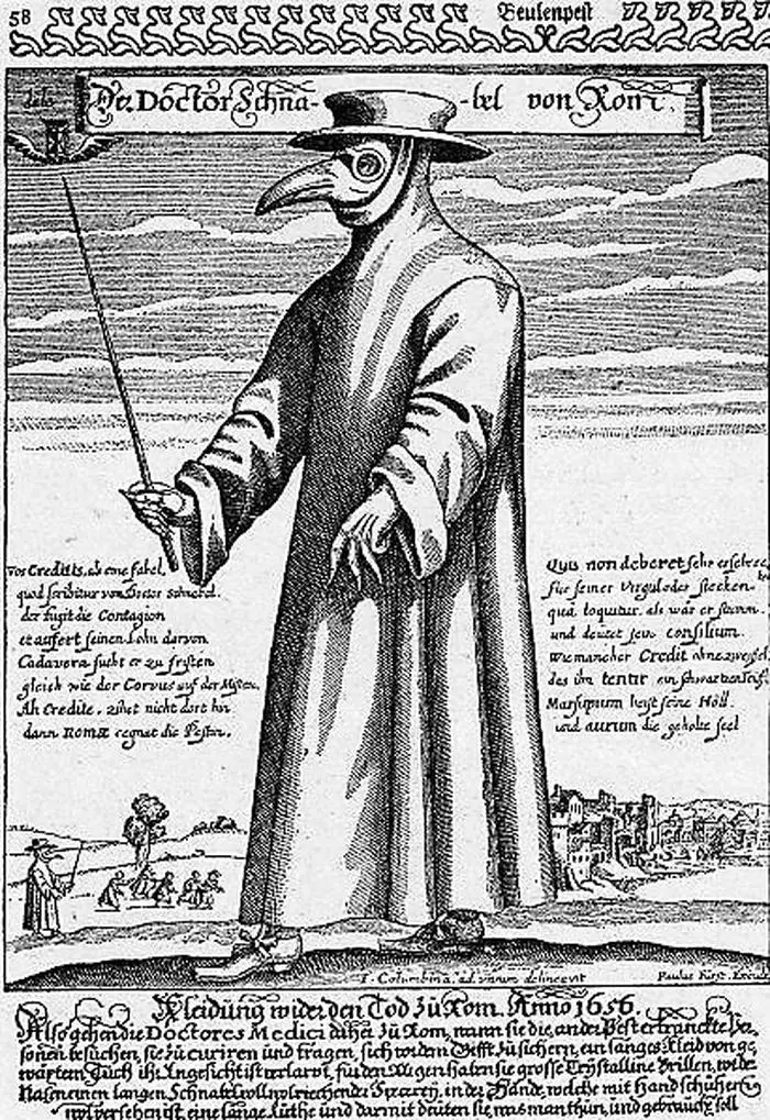 Die Kleidung eines Pestdoktors bestand aus einem gewachsten Stoffmantel, einer Schnabelmaske mit zwei Augenöffnungen aus Glas, Handschuhen und einem Stab. So konnte Kontakt zu den Infizierten vermieden werden. Der Schnabel der Maske war gefüllt mit Duftstoffen - man glaubte, man könne sich so vor Pest schützen