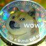 In this photo illustration, visual represenDie japanische Hunderasse Shiba Inus dient als Vorlage für das Doge-Maskottchentations of digital cryptocurrencies, Dogecoin and Bitcoin, are arranged on J