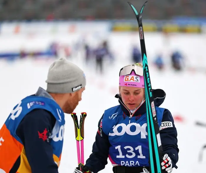 TRONDHEIM,NORWAY,03.MAR.25 - NORDIC SKIING, PARA CROSS COUNTRY SKIING - FIS Nordic World Ski Championships, training, Ski Austria. Image shows service technician Julian Edlinger and Carina Edlinger (AUT). Photo: GEPA pictures/ Thomas Bachun