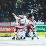 VILLACH,AUSTRIA,17.MAR.23 - ICE HOCKEY - ICE Hockey League, play off quarterfinal, Villacher SV vs Klagenfurter AC. Image shows the rejoicing of Niki Kraus, Marcel Witting and Jesper Jensen Aabo (KAC). Photo: GEPA pictures/ Daniel Goetzhaber