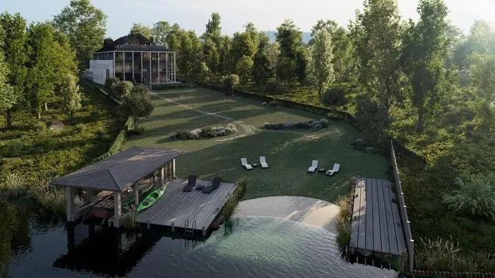 „Amavi am See“ heißt das Luxusprojekt in Seeboden am Millstätter See. Die Visualisierung zeigt auch ein Bootshaus mit Steg am Ufer