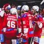 KLAGENFURT,AUSTRIA,13.OCT.23 - ICE HOCKEY - ICE Hockey League, Klagenfurter AC vs Pioneers Vorarlberg. Image shows the rejoicing of Thomas Hundertpfund, Johannes Bischofberger, Clemens Unterweger, Simeon Schwinger and Manuel Ganahl (KAC).
Photo: GEPA pictures/ Daniel Goetzhaber