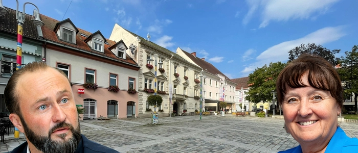 Manuela Khom (ÖVP) und Max Lercher (SPÖ) vor dem Judenburger Hauptplatz
