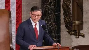 Speaker of the House Mike Johnson, R-LA, addresses the members as the 119th session of the U.S. House Of Representatives meets to elect a new House Speaker at the U.S. Capitol in Washington DC on Friday, January 3, 2025. PUBLICATIONxINxGERxSUIxAUTxHUNxONLY WAP20250103307 JEMALxCOUNTESS