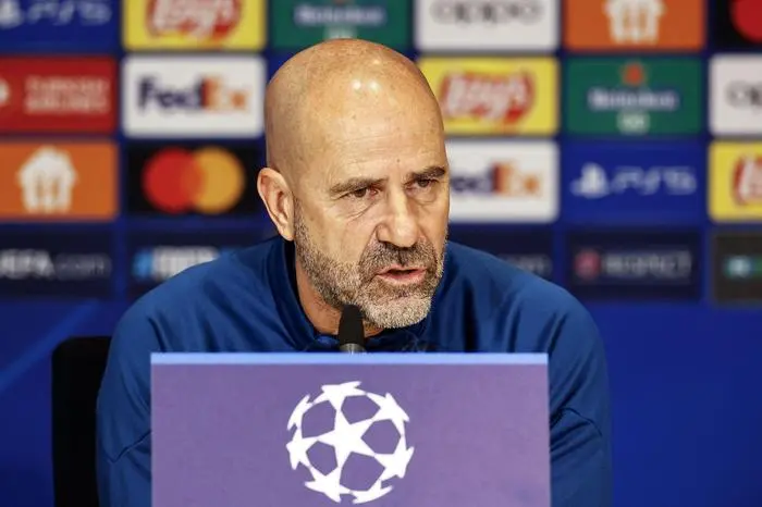 PSV Eindhoven coach Peter Bosz addresses a press conference, a day prior to the UEFA Champions League football match against Dormund at the Phillips stadium in Eindhoven on February 19, 2024. (Photo by MAURICE VAN STEEN / AFP)