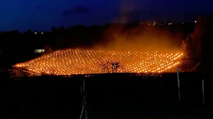 Heizen gegen den Frost: So wie hier in Ilztal Montagfrüh können Bauern aktuell nur selten gegen den Frost ankämpfen. Weil der starke Wind die Maßnahmen wirkunslos macht.