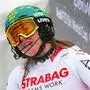 Austria's Katharina Liensberger reacts after her first run of the women's slalom in the FIS Ski World cup in Spindleruv Mlyn, Czech Republic, on March 9, 2019. (Photo by JOE KLAMAR / AFP)