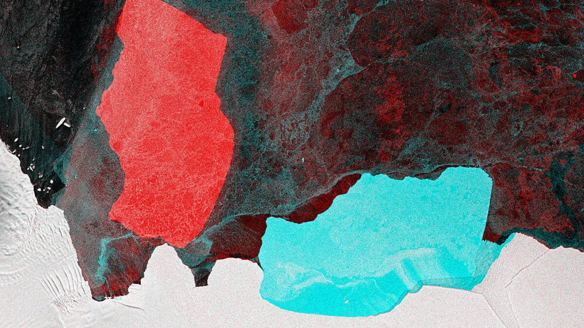 D28 - rot seine einstige Position, blau seine aktuelle Lage