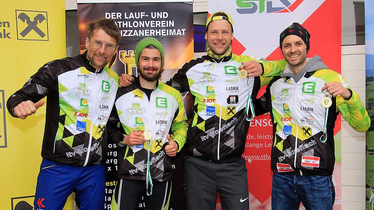 Das erfolgreiche Gold-Team vom LTV Köflach mit Obmann Stefan Mayer und den Siegern Felix Geieregger, Alexander Jakob Dautel und Lukas Gärtner