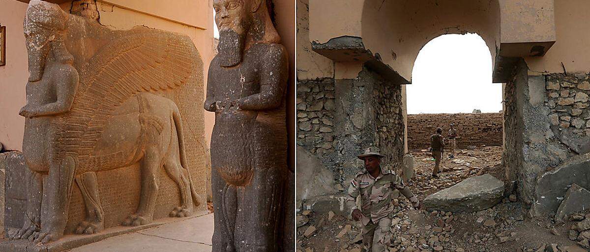 Vom kulturellen Erbe ist nur mehr Schutt geblieben: Nimrud vor und nach der Zerstörung durch IS-Kämpfer