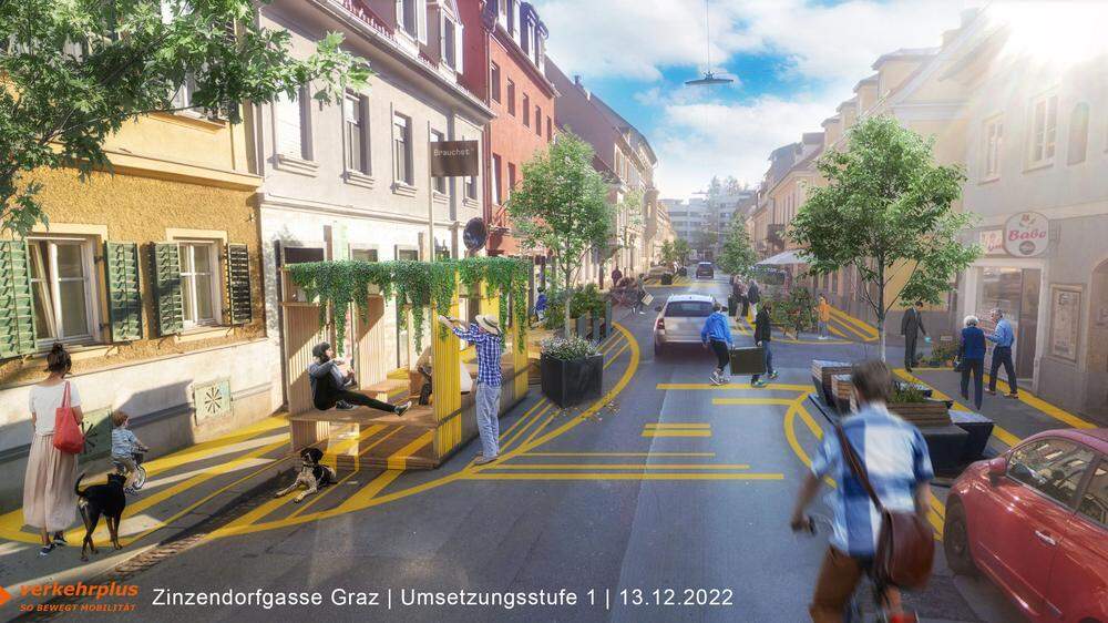 So soll die neue Zinzendorfgasse ausschauen: viel Grün, viel Platz für Fußgänger, keine Dauerparkplätze mehr für Autos