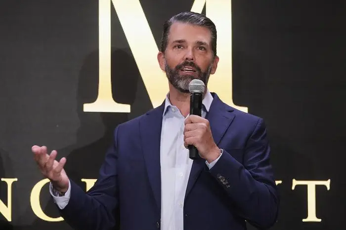 Donald Trump Jr. participates in the announcement of Trump Mobile, in New York's Trump Tower, Monday, June 16, 2025. (AP Photo/Richard Drew)