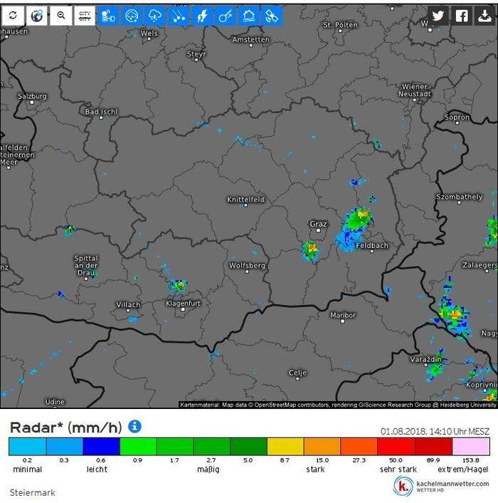 Um 14 Uhr gab es bereits zwei Gewitterzellen über Graz und der Oststeiermark