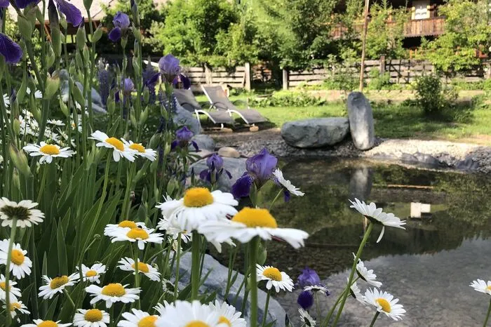 Im Genussgarten wächst nicht nur das Gemüse für den Gannerhof in Innervillgraten, auch Mensch findet hier Ruhe. Aus dem Zufluss des Holztroges fließt außerdem eiskaltes, frisches Villgrater Bergwasser aus der eigenen Bergquelle.