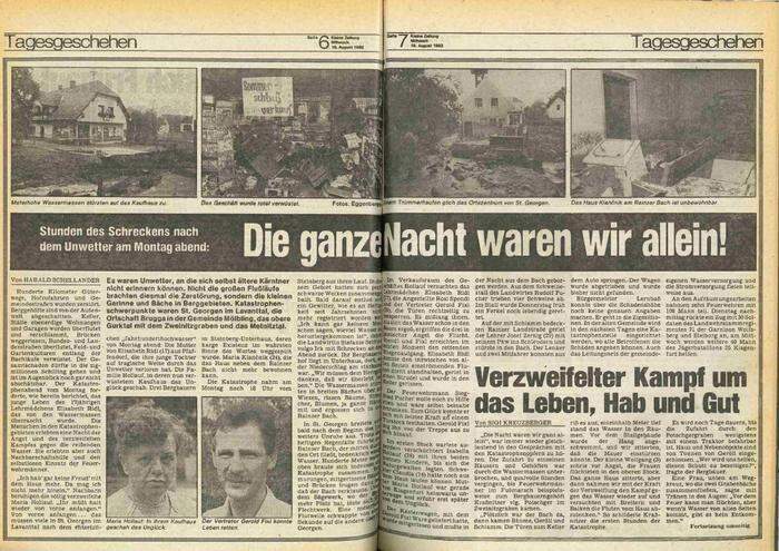 Am 17. und 18. August 1982 berichtete die Kleine Zeitung ausführlich über das "Jahrhundert-Unwetter" am 16. August 1982