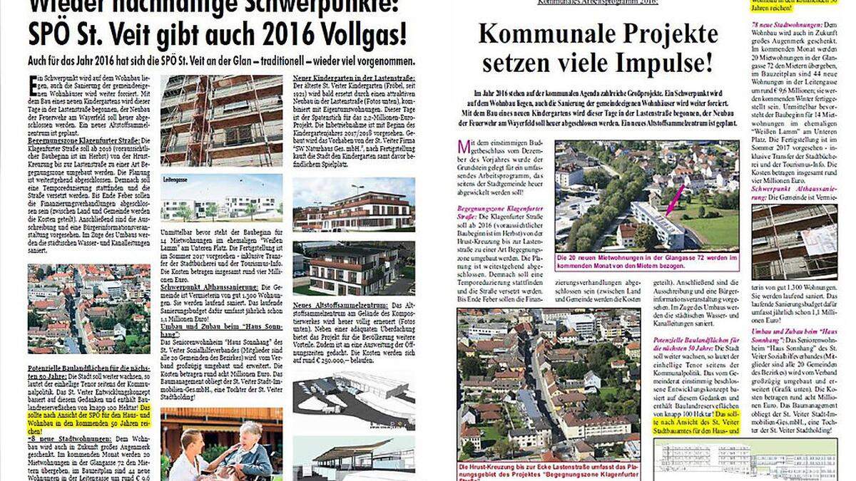 Links die Anzeige der SPÖ, rechts der Bericht aus "St. Veit Kommunal"