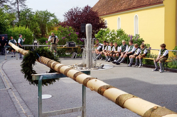 ...an das Brauchtum des Maibaumaufstellens zurück.