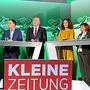 Hermann Schützenhöfer (ÖVP), Michael Schickhofer (SPÖ), Mario Kunasek (FPÖ), Sandra Krautwaschl (Grüne), Claudia Klimt-Weithaler (KPÖ) und Niko Swatek (Neos).