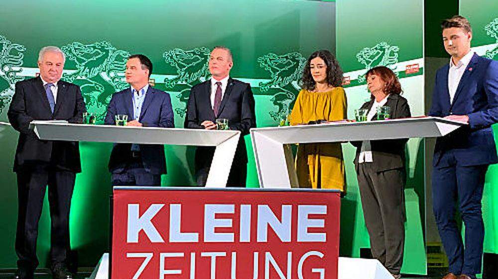 Hermann Schützenhöfer (ÖVP), Michael Schickhofer (SPÖ), Mario Kunasek (FPÖ), Sandra Krautwaschl (Grüne), Claudia Klimt-Weithaler (KPÖ) und Niko Swatek (Neos).