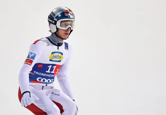 TRONDHEIM,NORWAY,06.MAR.25 - NORDIC SKIING, SKI JUMPING - FIS Nordic World Ski Championships, large hill, team, men. Image shows Daniel Tschofenig (AUT). Photo: GEPA pictures/ Thomas Bachun