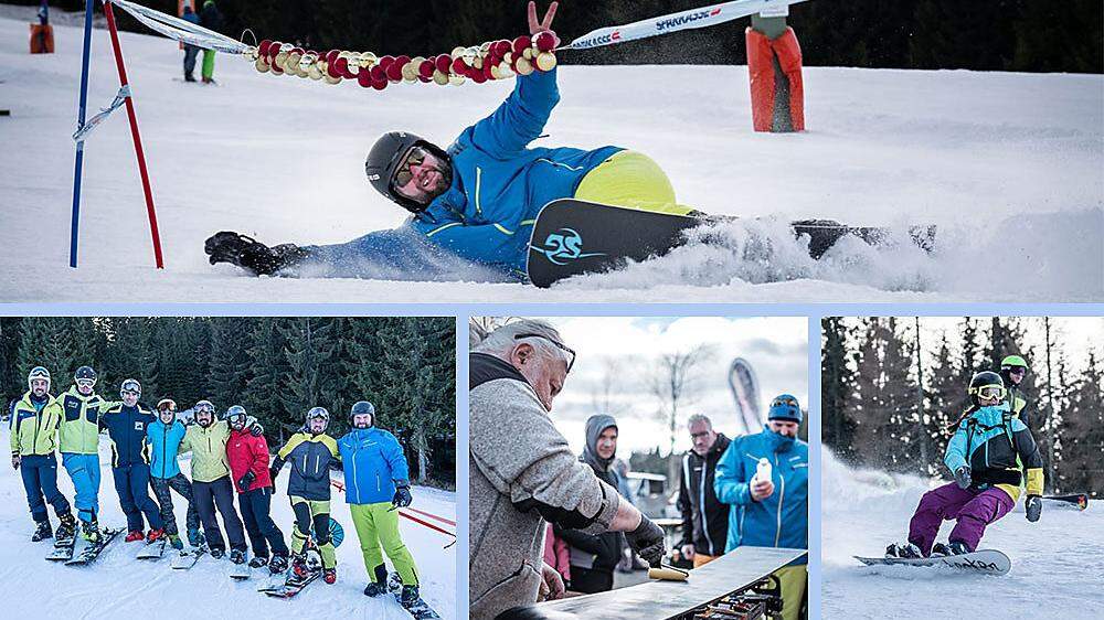 Hubert Reiter aus Augsburg  gewann die Limbo-Challenge (oben). Die Gruppe mit Kärntens Snowboard-Ass Sabine Schöffmann (Vierte von links). Ex-ÖSV-Servicemann Michael Berner beim Wachsen (Mitte). Auf der Piste herrschte Hochbetrieb (rechts)