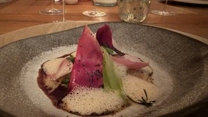 Saiblingsschwanz, Magnolie, geräucherte Buttermilch, Kernöl und grüner Spargel.