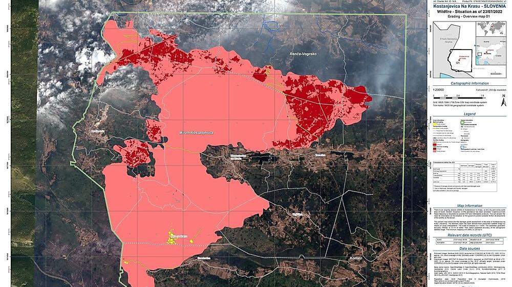 Die Brandherde im Karst auf einem Satellitenbild