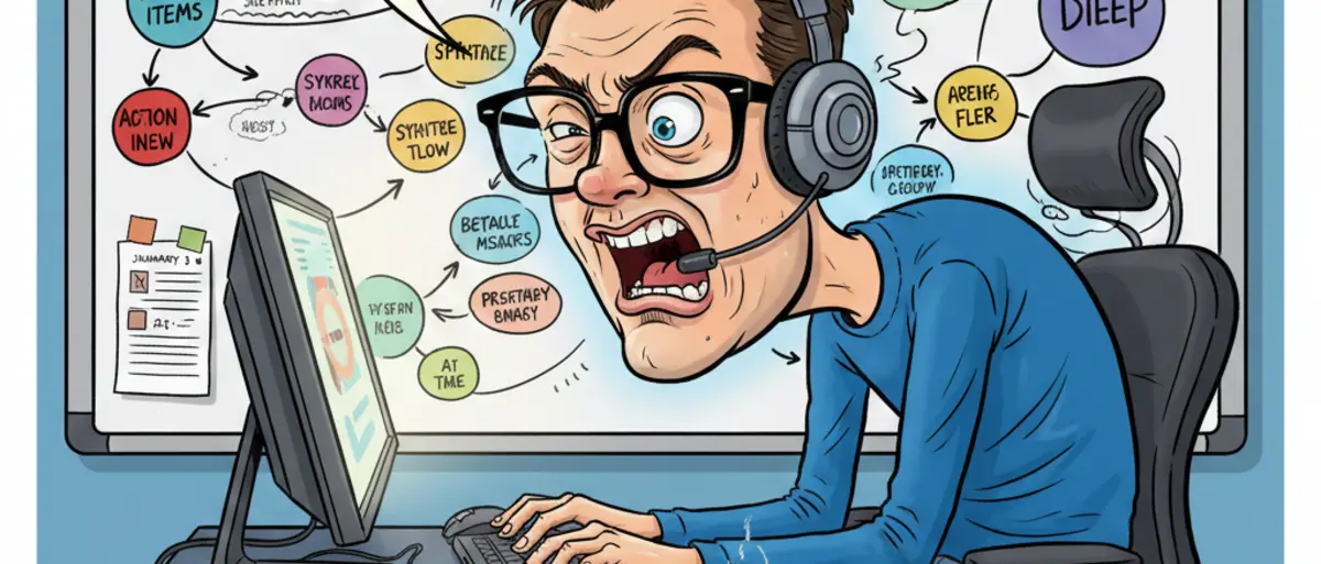 Eine Karikatur aus dem Arbeitsalltag zeigt einen Mann am Schreibtisch, der seinen Bildschirm anschreit