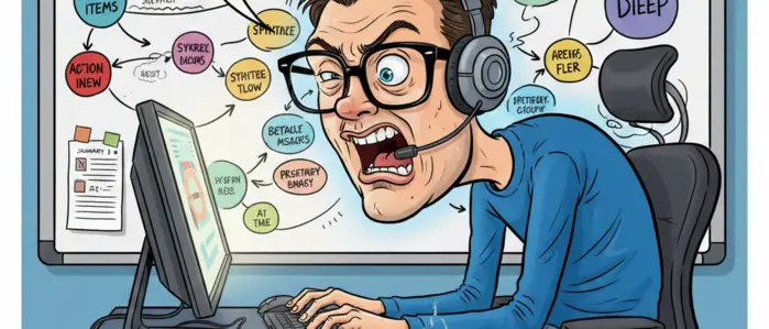 Eine Karikatur aus dem Arbeitsalltag zeigt einen Mann am Schreibtisch, der seinen Bildschirm anschreit