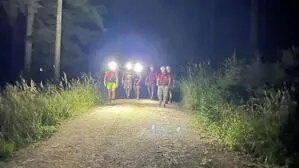 Personen mit Stirnlampen auf einer Forststraße in der Nacht.