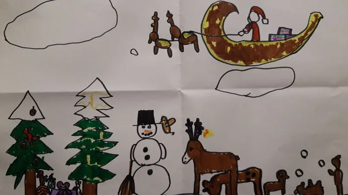 Elisa Wagner aus Jennersdorf (8 Jahre) freut sich schon sehr auf Weihnachten. Sie hat uns ein Bild geschickt, das zeigt, wie es wohl gerade am Nordpol ... Ihre Mama Sylvia Wagner  verrät auch ein kleines Detail: "Eine Eule zieht möglicherweise gerade dem Schneemann den Hut vom Kopf ...."