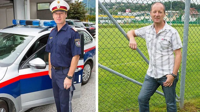 Klaus Strobl in Polizei-Uniform und im Freizeit-Outfit