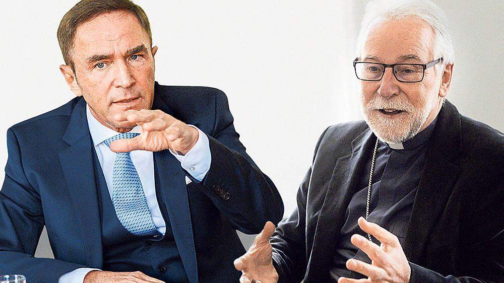 Superintendent Manfred Sauer (links) und Diözesanbischof Josef Marketz sind überzeugt, dass die Kirchen auch in Zeiten wie diesen den Menschen noch helfen kann