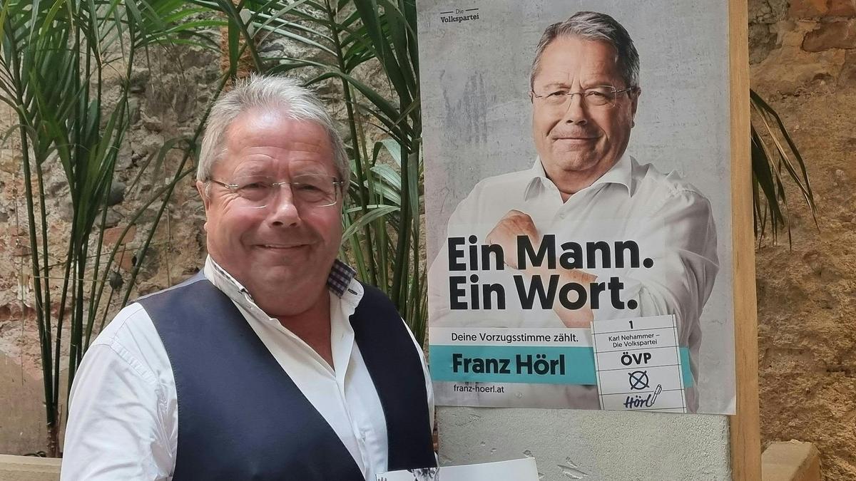 Franz Hörl bei der Präsentation seiner Wahlplakate