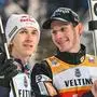 GER, 74. Vierschanzentournee, Auftaktspringen in Oberstdorf / 29.12.2025, Orlen Arena, Oberstdorf, GER, 74. Vierschanzentournee, Auftaktspringen in Oberstdorf, im Bild Daniel Tschofenig AUT, 3 und Domen Prevc SLO, 1 vor der Siegerehrung *** GER, 74 Four Hills Tournament, opening competition in Oberstdorf 29 12 2025, Orlen Arena, Oberstdorf, GER, 74 Four Hills Tournament, opening competition in Oberstdorf, in the picture Daniel Tschofenig AUT, 3 and Domen Prevc SLO, 1 before the award ceremony nordphotoxGmbHx/xHafner nph00200