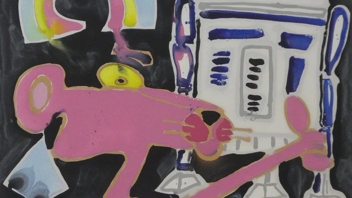„Panther and R2-D2“, 2019, Acryl, Sprühlack auf LW