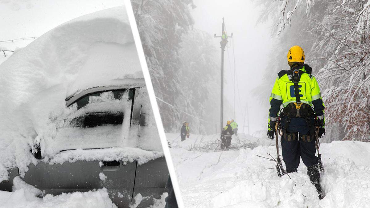 Eingeschneite Autos und Strom-Monteure im Tiefschnee