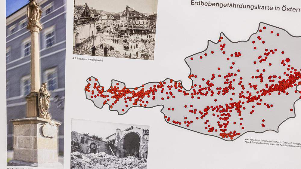 Die Erdbeben-Gefährdungskarte für Österreich, derzeit zu sehen im kärnten:museum