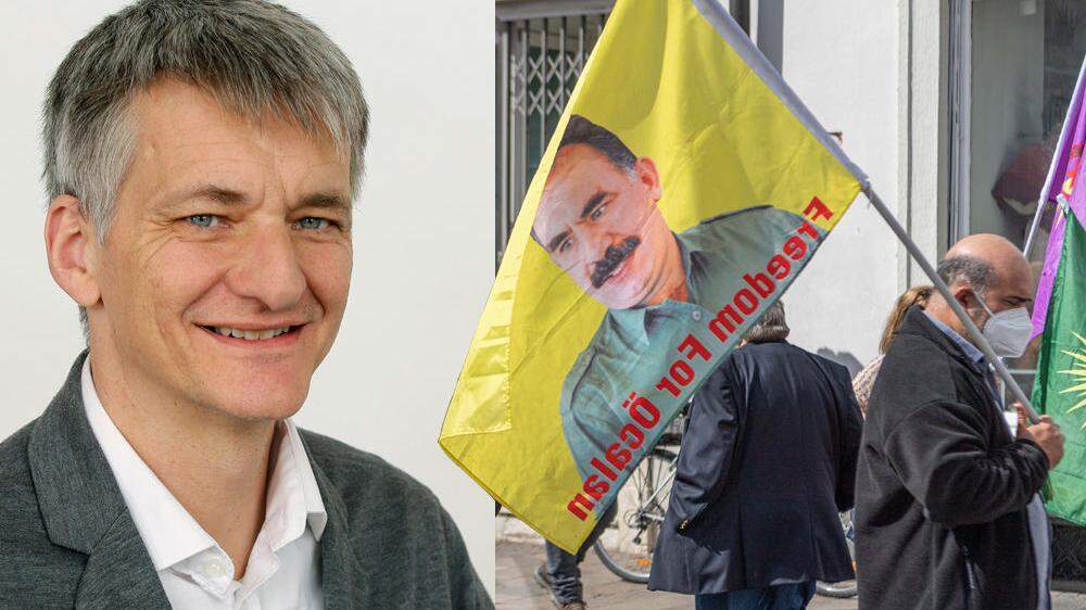Fahne mit Bild des PKK-Führers Abdullah Öcalan bei KPÖ-Maiaufmarsch: Klubomann Manfred Ebner sieht keinen Grund, sich zu distanzieren - die Kurden würden seit Jahren mitmarschieren 