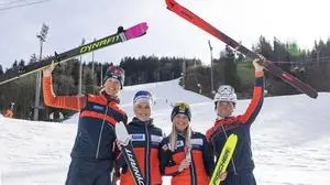 15.02.2024, Schladming, Steiermark, Österreich (Austria): Medientermin zum Thema ISMF Weltcup Skibergsteigen, der am 1. und 2. März auf der Planai stattfindet - im Bild v. l. Paul Verbnjak (AUT), Johanna Hiemer (AUT), Sarah Dreier (AUT), Daniel Ganahl (AUT)
Fotocredit: Martin Huber
