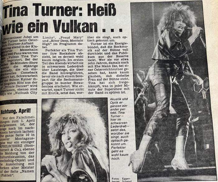 Von einem eindrucksvollen Comeback von Tina Turner in Klagenfurt schrieb die Kleine Zeitung in ihrer Ausgabe vom 2. April 1985