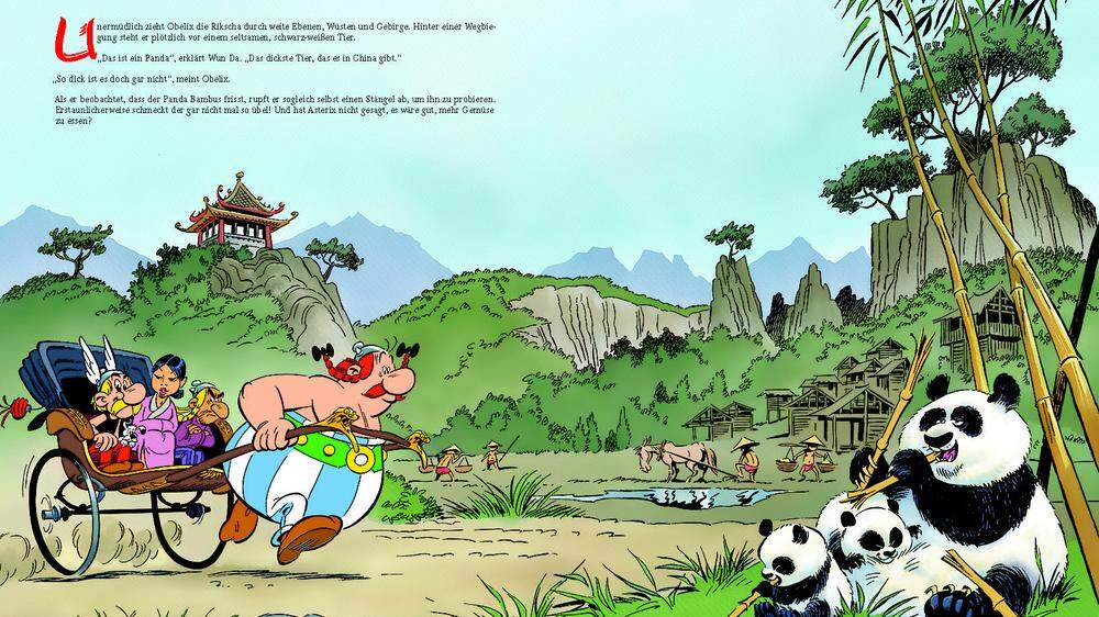 Pandas sind gar nicht so dick, sagt Obelix und zieht Asterix, Wun Da und Genmais mit der Rikscha durch China 