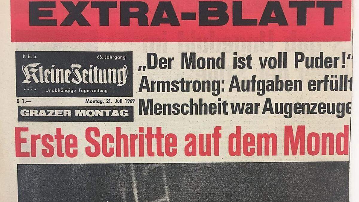 Nächtliche Sonderausgabe der Kleinen Zeitung unmittelbart nach dem Ausstieg von Neil Armstrong