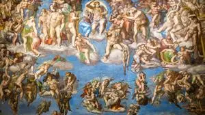 Das jüngste Gericht, Wandmalerei von Michelangelo in der Sixtinischen Kapelle, Sixtina, Vatikanische Museen, Vatikan, Rom, Latium, Italien, Europa iblmra03923652.jpg Bitte beachten Sie die gesetzlichen Bestimmungen des deutschen Urheberrechtes hinsichtlich der Namensnennung des Fotografen im direkten Umfeld der Veröffentlichung!