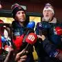 The Norwegian ski jumping national team's coach Magnus Brevig (left) and sport director Jan-Erik Aalbu deliver a press statement in Granaasen, Norway, on March 8, 2025, after two Norwegian jumpers were disqualified and accused of cheating after the men's large hill jumping competition during the World Ski Championships in Trondheim. (Photo by Terje Pedersen / NTB / AFP) / Norway OUT