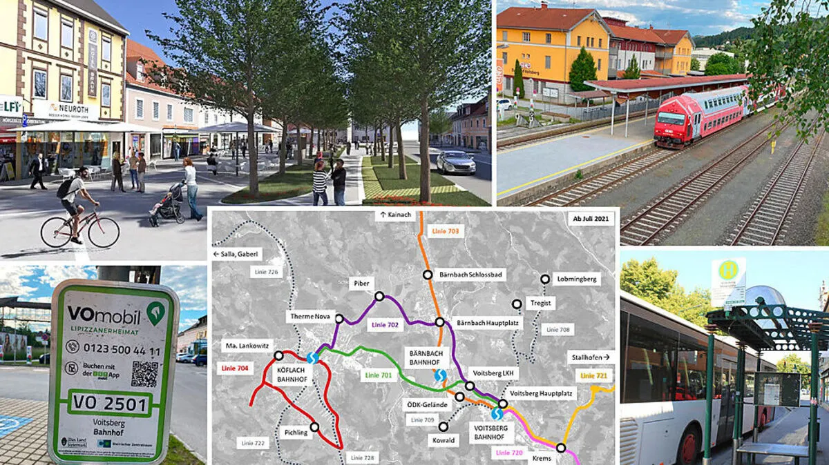 Im Uhrzeigersinn: Der Voitsberger Hauptplatz wird neu geplant; die GKB wird elektrifiziert; neue Buslinien sorgen für ein engmaschigeres Liniennetz; das neue Busliniennetz; Mikro-Öffi "VOmobil"