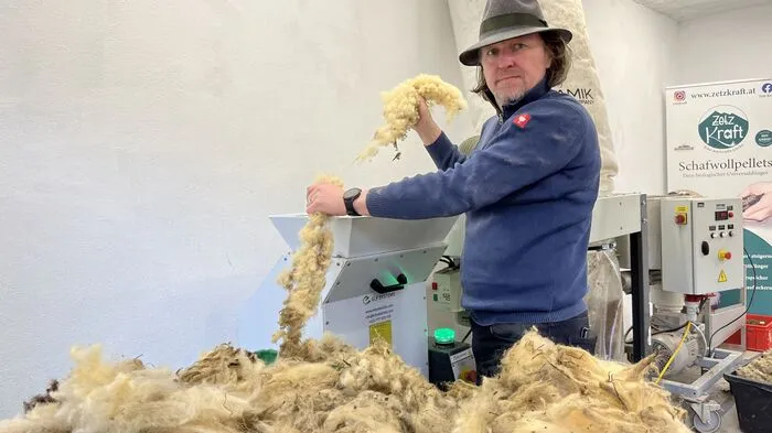 Helmut Schröck füttert die Schreddermaschine mit frischer Wolle.