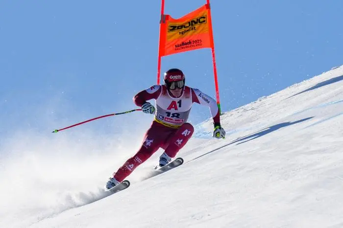 Austria's Stefan Babinsky takes part in the Men Downhill training of the Saalbach 2025 FIS Alpine World Ski Championships in Hinterglemm on February 5, 2025. (Photo by Dimitar DILKOFF / AFP)